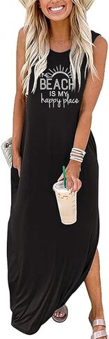 فستان Good Vibes Rainbow Graphic فستان نسائي طويل بدون أكمام بجيوب فستان هاوايان بيتش بدون أكمام in Kuwait