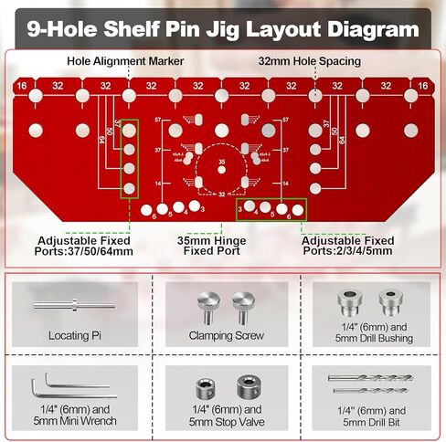 2-in-1 Shelf Pin jig and Hinge Jig, 1/4" And 5mm Metal Drilling Jig, Aluminum Cabinet Hole Pag Jig Template with Clamping Function, Straight Holes Hardware Jig in Kuwait
