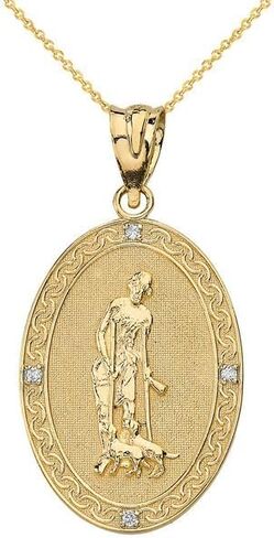 Saint Lazarus Engravable Oval Medallion with Diamond Fine Pendant Necklace With Rolo Chain Real Solid 10Kt Gold in Saudi Arabia