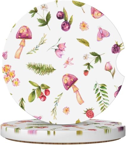 Retro Mushroom Ghost Rainbow 2 Pack Car Cup Holder Coasters Absorbent Ceramic Drink Coasters 2.56" Anti Slip Cup Mat with Cork Base and Finger Notch Auto Accessories Interior for Women Men in Kuwait