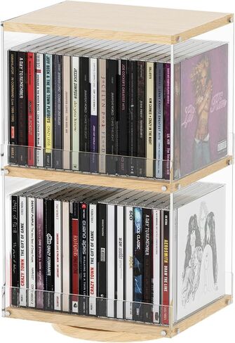 حامل أقراص مضغوطة دوار بطبقتين مع الخشب والأكريليك، رف تخزين أقراص مضغوطة بسعة 40، تصميم مفتوح الجانب وواقي مضاد للسقوط لغرفة المعيشة والمكتب والعرض الصناعي الحديث in Kuwait