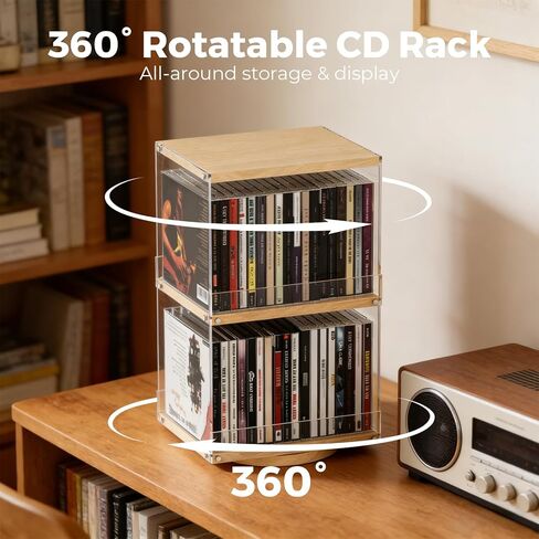 حامل أقراص مضغوطة دوار بطبقتين مع الخشب والأكريليك، رف تخزين أقراص مضغوطة بسعة 40، تصميم مفتوح الجانب وواقي مضاد للسقوط لغرفة المعيشة والمكتب والعرض الصناعي الحديث in Kuwait