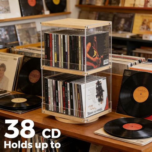 حامل أقراص مضغوطة دوار بطبقتين مع الخشب والأكريليك، رف تخزين أقراص مضغوطة بسعة 40، تصميم مفتوح الجانب وواقي مضاد للسقوط لغرفة المعيشة والمكتب والعرض الصناعي الحديث in Kuwait