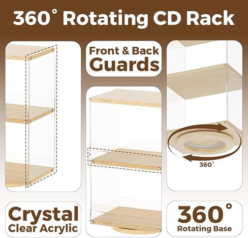 حامل أقراص مضغوطة دوار بطبقتين مع الخشب والأكريليك، رف تخزين أقراص مضغوطة بسعة 40، تصميم مفتوح الجانب وواقي مضاد للسقوط لغرفة المعيشة والمكتب والعرض الصناعي الحديث in Kuwait