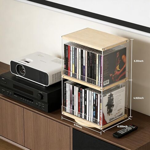 حامل أقراص مضغوطة دوار بطبقتين مع الخشب والأكريليك، رف تخزين أقراص مضغوطة بسعة 40، تصميم مفتوح الجانب وواقي مضاد للسقوط لغرفة المعيشة والمكتب والعرض الصناعي الحديث in Kuwait