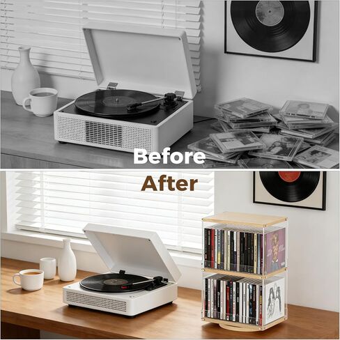 حامل أقراص مضغوطة دوار بطبقتين مع الخشب والأكريليك، رف تخزين أقراص مضغوطة بسعة 40، تصميم مفتوح الجانب وواقي مضاد للسقوط لغرفة المعيشة والمكتب والعرض الصناعي الحديث in Kuwait