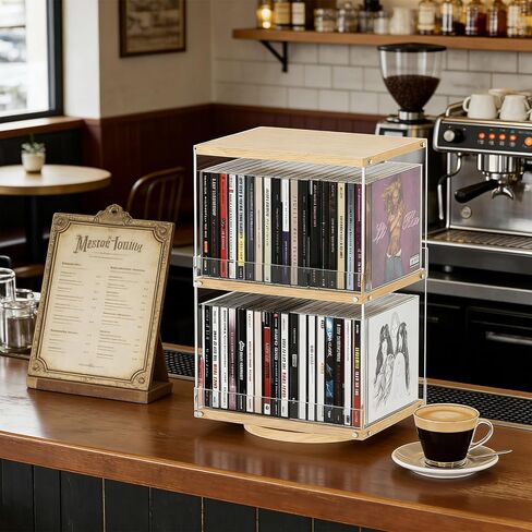 حامل أقراص مضغوطة دوار بطبقتين مع الخشب والأكريليك، رف تخزين أقراص مضغوطة بسعة 40، تصميم مفتوح الجانب وواقي مضاد للسقوط لغرفة المعيشة والمكتب والعرض الصناعي الحديث in Kuwait