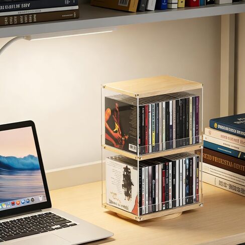 حامل أقراص مضغوطة دوار بطبقتين مع الخشب والأكريليك، رف تخزين أقراص مضغوطة بسعة 40، تصميم مفتوح الجانب وواقي مضاد للسقوط لغرفة المعيشة والمكتب والعرض الصناعي الحديث in Kuwait