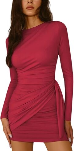 Vakkest Bodycon Mini Dress for Women Long Sleeve Crew Neck Ruched Side Tie Sexy Cocktail Night Short Dresses in Kuwait