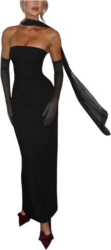 GORGLITTER Women's Strapless Tie Dresses Elegant Summer Cocktail Wedding Guest Prom Party Bodycon Maxi Dress with Scarf in Saudi Arabia