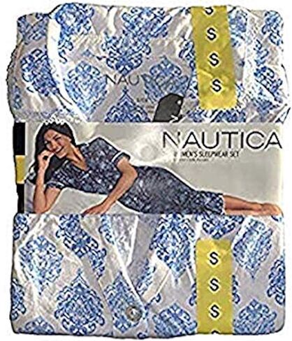 طقم بيجامة نوم للسيدات من Nautica مكون من قطعتين بأكمام قصيرة وأزرار أمامية، وسروال كابري (صغير، أزرق) in Saudi Arabia