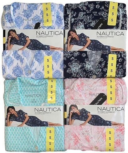طقم بيجامة نوم للسيدات من Nautica مكون من قطعتين بأكمام قصيرة وأزرار أمامية، وسروال كابري (صغير، أزرق) in Saudi Arabia