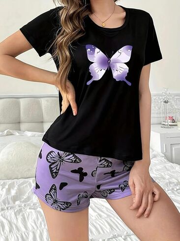 Womens Pajama Set 2 Piece Short Sleeve Round Neck Top and Shorts Printed Sleepwear Soft Pjs Lounge Sets in Saudi Arabia