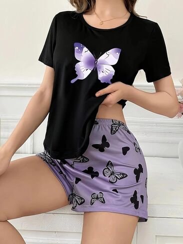 Womens Pajama Set 2 Piece Short Sleeve Round Neck Top and Shorts Printed Sleepwear Soft Pjs Lounge Sets in Saudi Arabia