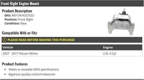 حامل محرك السيارة - أمامي يمين - 2007-2017 نيسان ألتيما 2.5 لتر 4 سلندر - فولاذ فضي أو ألومنيوم أو فولاذ كربوني in Kuwait