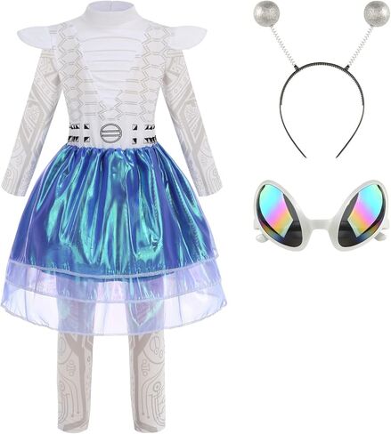 TOONRAIN Alien Costume Set for Girls, Kids Space Man Cutie Dress with Headband Iridescent Glasses for Halloween Cosplay Party in Saudi Arabia