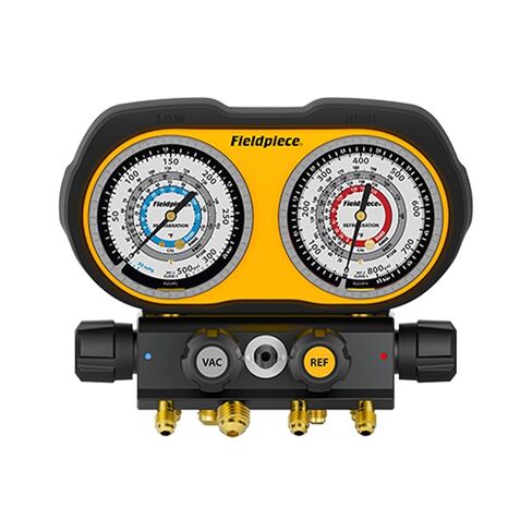 مجموعة أجهزة قياس تناظرية ذات 4 منافذ من Fieldpiece GS434F - مشعب تبريد HVACR مع زجاج رؤية وحاملات خراطيم قابلة للتبديل ومقابض عالية القبضة - تشخيصات ميدانية موثوقة in Kuwait