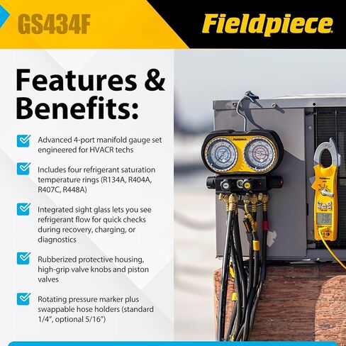مجموعة أجهزة قياس تناظرية ذات 4 منافذ من Fieldpiece GS434F - مشعب تبريد HVACR مع زجاج رؤية وحاملات خراطيم قابلة للتبديل ومقابض عالية القبضة - تشخيصات ميدانية موثوقة in Kuwait