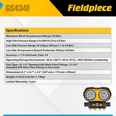 مجموعة أجهزة قياس تناظرية ذات 4 منافذ من Fieldpiece GS434F - مشعب تبريد HVACR مع زجاج رؤية وحاملات خراطيم قابلة للتبديل ومقابض عالية القبضة - تشخيصات ميدانية موثوقة in Kuwait