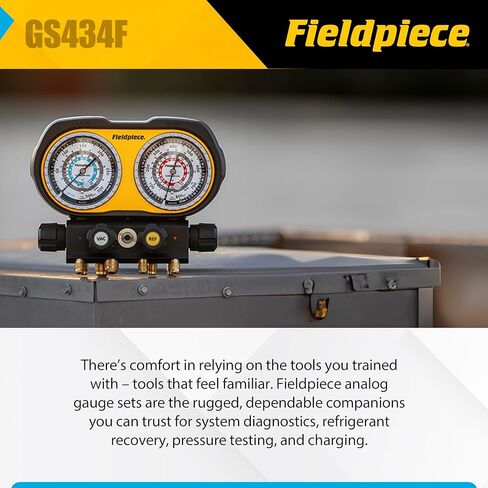 مجموعة أجهزة قياس تناظرية ذات 4 منافذ من Fieldpiece GS434F - مشعب تبريد HVACR مع زجاج رؤية وحاملات خراطيم قابلة للتبديل ومقابض عالية القبضة - تشخيصات ميدانية موثوقة in Kuwait