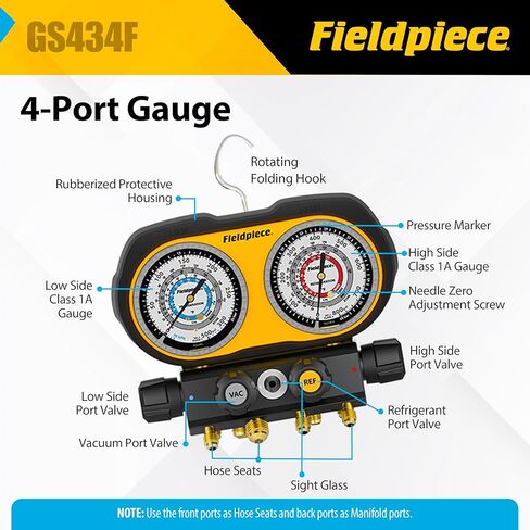 مجموعة أجهزة قياس تناظرية ذات 4 منافذ من Fieldpiece GS434F - مشعب تبريد HVACR مع زجاج رؤية وحاملات خراطيم قابلة للتبديل ومقابض عالية القبضة - تشخيصات ميدانية موثوقة in Kuwait