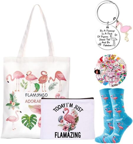 هدايا فلامنغو للنساء - مجموعة هدايا مكونة من 5 قطع مع جوارب لطيفة وحقيبة مكياج وحقيبة حمل و50 قطعة من الملصقات - عيد ميلاد مثالي أو عيد الميلاد أو هدية للابنة والأخت والأم ومحبي فلامنغو in Kuwait