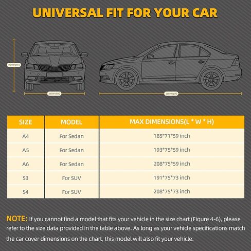 غطاء سيارة مكون من 10 طبقات مقاوم للماء في جميع الأحوال الجوية، أغطية سيارة مبطنة من القطن الناعم للسيارات وغطاء ثلجي للسيارة مع سحاب للباب، مناسب عالمي لسيارة السيدان مقاس 186 بوصة - 193 بوصة طول، مقاس A5 (انظر جدول المقاسات) in Kuwait