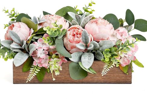 Flower Table Centerpieces for Wedding Pre-Made Artificial Peony Hydrangea Dining Table Decorations Wood Tray with Fake Flowers for Living Room Office Bar Kitchen Table(Pink) in Saudi Arabia