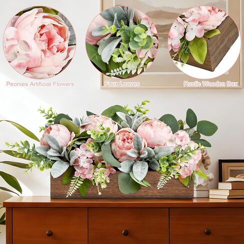 Flower Table Centerpieces for Wedding Pre-Made Artificial Peony Hydrangea Dining Table Decorations Wood Tray with Fake Flowers for Living Room Office Bar Kitchen Table(Pink) in Saudi Arabia