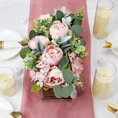 Flower Table Centerpieces for Wedding Pre-Made Artificial Peony Hydrangea Dining Table Decorations Wood Tray with Fake Flowers for Living Room Office Bar Kitchen Table(Pink) in Saudi Arabia