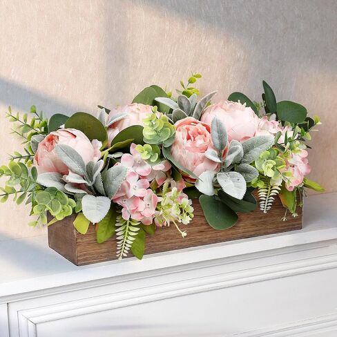 Flower Table Centerpieces for Wedding Pre-Made Artificial Peony Hydrangea Dining Table Decorations Wood Tray with Fake Flowers for Living Room Office Bar Kitchen Table(Pink) in Saudi Arabia