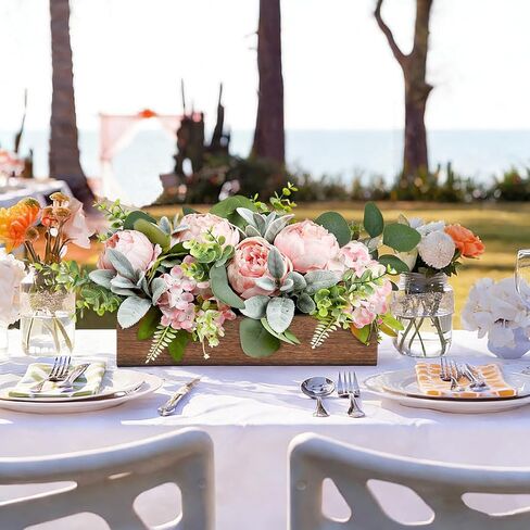 Flower Table Centerpieces for Wedding Pre-Made Artificial Peony Hydrangea Dining Table Decorations Wood Tray with Fake Flowers for Living Room Office Bar Kitchen Table(Pink) in Saudi Arabia