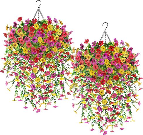 سلة زهور صناعية معلقة من دير روز للنباتات المزيفة للزهور المعلقة في الهواء الطلق مع 4 نباتات من الحرير الصناعي لتزيين الشرفة والفناء والشرفة in Kuwait