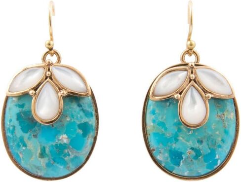 Barse Jewelry أم اللؤلؤ الأبيض والأزرق الفيروزي البتلة انخفاض الأقراط الذهبية in Saudi Arabia