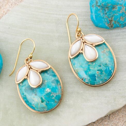 Barse Jewelry أم اللؤلؤ الأبيض والأزرق الفيروزي البتلة انخفاض الأقراط الذهبية in Saudi Arabia