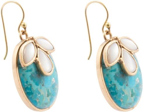 Barse Jewelry أم اللؤلؤ الأبيض والأزرق الفيروزي البتلة انخفاض الأقراط الذهبية in Saudi Arabia