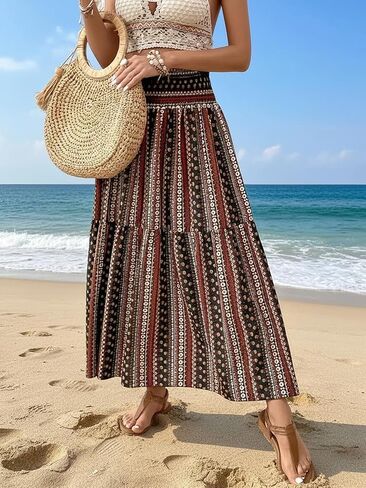 Womens 2026 Bohemian Long Maxi Skirt Flowy High Waist A Line Beach Skirt Vacation Wear in Saudi Arabia