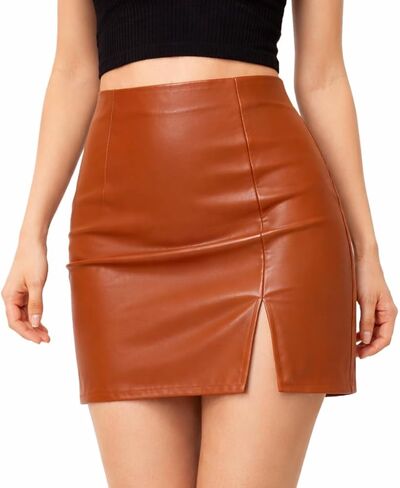 تنورة قصيرة من الجلد الصناعي من BI.TENCON للنساء - تنورة ضيقة عالية الخصر مع شورت مدمج وفتحة جانبية - تنورة نادي مقاس كبير in Kuwait