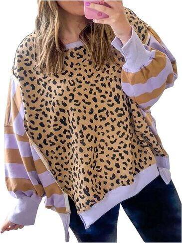 Milumia Women's Striped Leopard Print Sweatshirt Long Sleeve Side Slit Loose Pullover Tops in Saudi Arabia