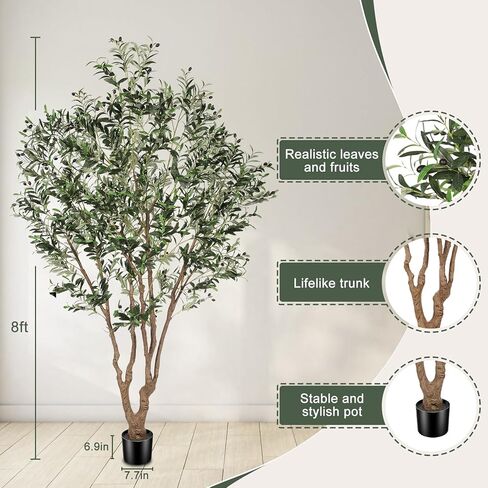 شجرة زيتون صناعية بطول 8 أقدام - أشجار زيتون صناعية كبيرة في الداخل مع جذع نابض بالحياة وأوراق واقعية - شجرة زيتون وهمية بتصميم كامل وكبير لديكور المنزل والمكتب الحديث in Kuwait