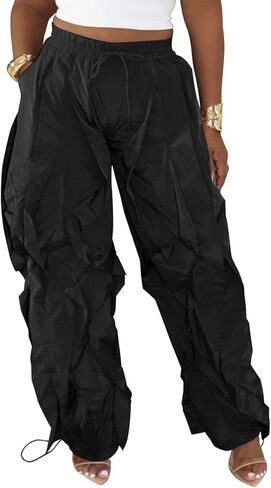 Tbahhir High Waist Parachute Pants for Women Baggy Wide Leg Jogger Sweatpants Camo Fringe Ruffle Y2K Trendy Trousers in Kuwait