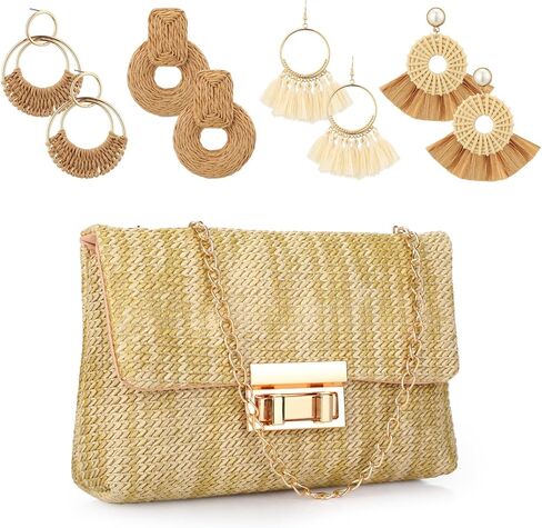 5 Pack Striped Straw Clutch Purse Crossbody Vacation Handbag Woven Rattan Dangle Earrings for Women(Creamy White,Square Buckle) in Saudi Arabia
