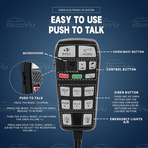 BooYu 12V 200W 37 Tones Police تحذير الطوارئ نظام PA لرجال الإطفاء، سيارات الإسعاف، شاحنة، سيارة SUV ATV UTV [مكبر صوت فولاذي أسود] [135 ديسيبل] [ميكروفون محمول] [بدون استخدام اليدين] [مفاتيح 2 × 10 أمبير] in Kuwait