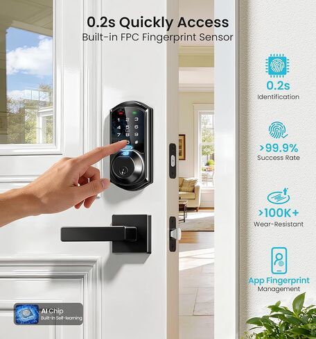 Veise VE07-L أقفال ذكية للتحكم في بصمة الإصبع مع مقابض من سبائك الزنك شديدة التحمل، دخول بدون مفتاح للباب الأمامي، شاشة لمس إلكترونية رقمية، قفل تلقائي، مقاوم للماء، سهل التركيب، أسود غير لامع in Kuwait