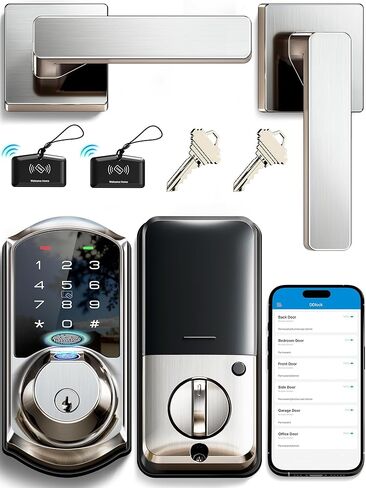 Veise VE07-L Fingerprint App Control Smart Locks with Heavy-Duty Zinc Alloy Handles, Keyless Entry for Front Door, Digital Electronic Touchscreen, Auto Lock, Waterproof, Easy Install, Matte Black in Kuwait