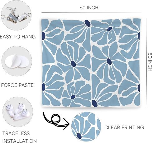 WNAGT Boho Abstract Blue Floral Tapestry Wall Hanging, Minimalist Mid Century Modern Boho Flower Botanical Wall Blanket Decor for Home Living Room Girls Bedroom Dorm, 50x60 Inch in Kuwait