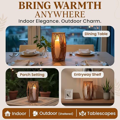 Handmade Boho Rattan Lantern – Decorative Woven Centerpiece for Coffee Table | Indoor Outdoor Patio, Garden, Dining Table, Front Porch | Wedding & Housewarming Gift | 5x5x10 in Saudi Arabia