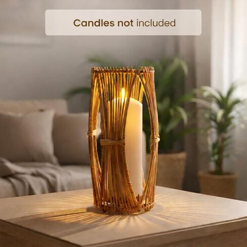 Handmade Boho Rattan Lantern – Decorative Woven Centerpiece for Coffee Table | Indoor Outdoor Patio, Garden, Dining Table, Front Porch | Wedding & Housewarming Gift | 5x5x10 in Saudi Arabia