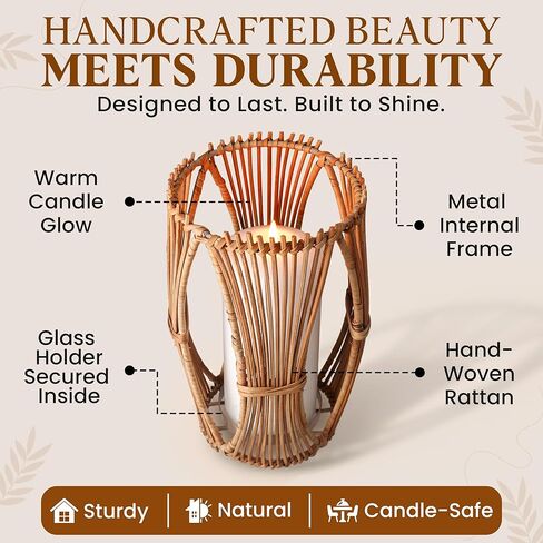 Handmade Boho Rattan Lantern – Decorative Woven Centerpiece for Coffee Table | Indoor Outdoor Patio, Garden, Dining Table, Front Porch | Wedding & Housewarming Gift | 5x5x10 in Saudi Arabia
