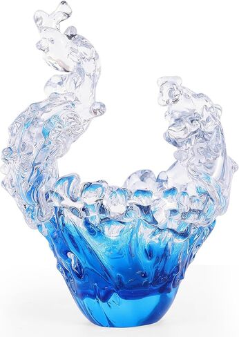 suruim Hand Blown Glass Wave Sculpture Figurines Blue and Clear Art Glass Bowl for Home Decor, Sea Glass Figurine, Nautical Sea Glass Decorations, Multipurpose Storage for Keys, Jewelry, Candy in Saudi Arabia